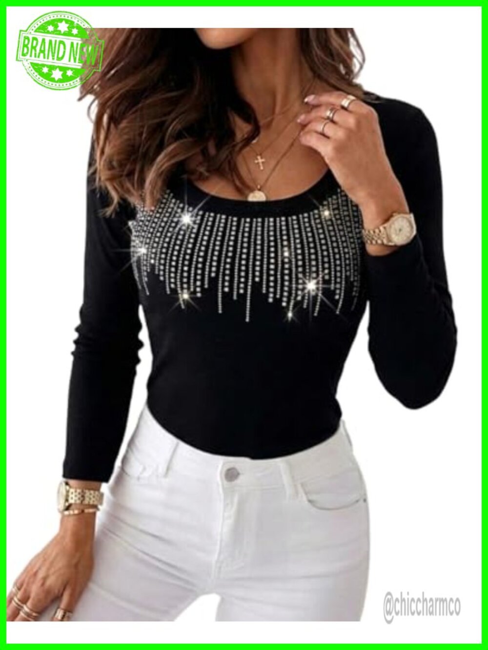Rhinestone Fringe Square Neck Long Sleeve Top - Slim Fit Ribbed Knit